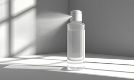 Spray bottle, sunlit corner, minimalist background, product photographyの素材