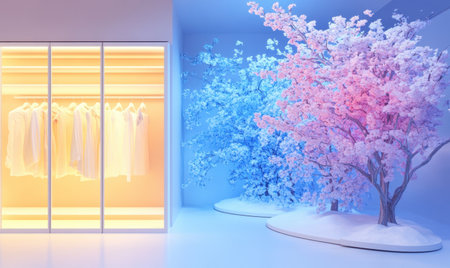 Pastel wardrobe; spring trees; minimalist room; clothing display; interior designの素材