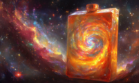 Cosmic Flask Nebula swirls within a bottle against a starfield background; perfect for fantasy, science fiction, or mystical designsの素材