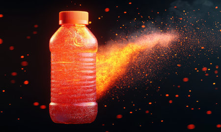 Fiery drink bottle, sparks, dark background; energy drink adの素材