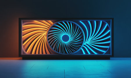 Abstract neon art installation, futuristic design, dark room, glowing swirlsの素材