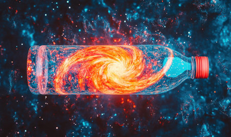 Cosmic plastic bottle, space background, swirling galaxy inside, environmental artの素材