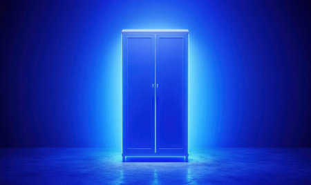 Blue wardrobe glowing, dark studio, mystery, website bannerの素材