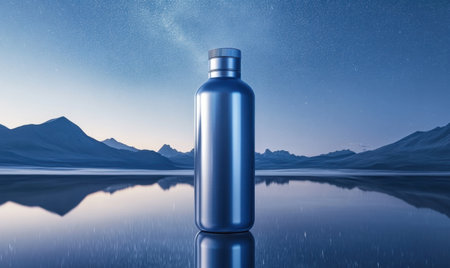 Blue bottle, serene landscape, starry night, product display, advertisingの素材