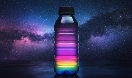 Colorful water bottle, cosmic background, night sky, product shot, advertisementの素材