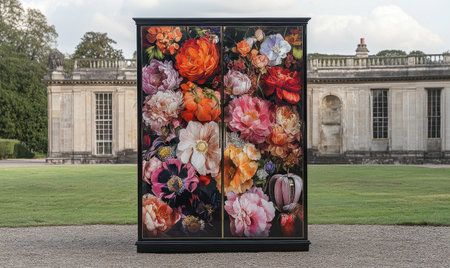 Floral-print armoire, garden setting, stately home background; home decorの素材