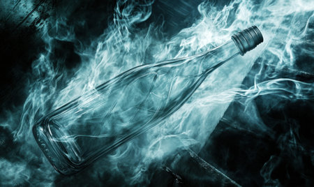 Empty glass bottle engulfed in smoke, dark background, mystery concept, website bannerの素材