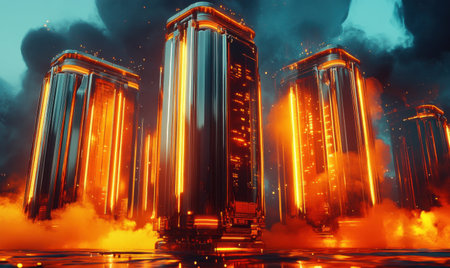 Futuristic towers glowing orange, fiery landscape, digital art, sci-fi conceptの素材