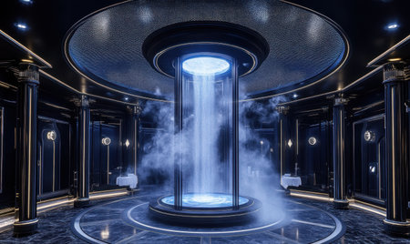 Futuristic spa water therapy, circular chamber, calming mist, luxury interiorの素材