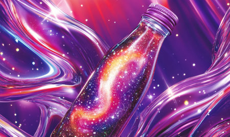 Galaxy drink bottle, cosmic swirl background, advertising imageの素材