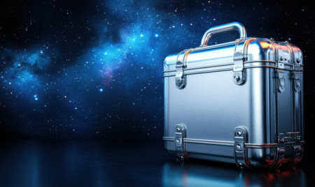Metal briefcase, space background, secure transport, cosmic backdrop, website bannerの素材
