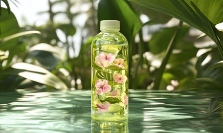 Floral infused water bottle by pool, tropical foliageの素材