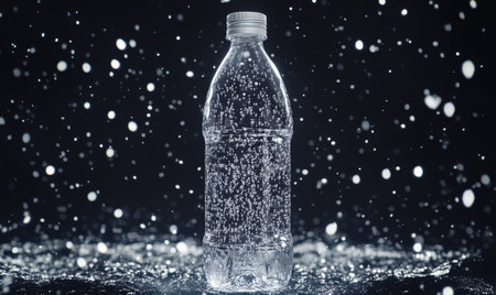 Sparkling water bottle, dark background, refreshing drink, advertising imageの素材