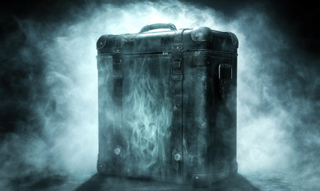 Mysterious suitcase, smoky background, mystery, travel, film noirの素材