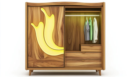 Modern wooden wardrobe with illuminated design, clothing, drawers, white background; interior designの素材