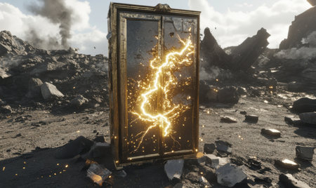 Golden cabinet cracks with lightning, apocalyptic landscape. Sci-fi concept artの素材