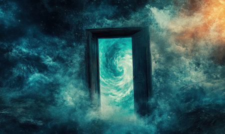 Mystical swirling portal door, cosmic background, fantasy journey, spiritual concept artの素材