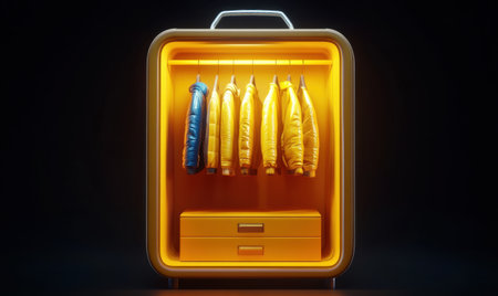 Illuminated suitcase wardrobe; jackets, drawers, dark background; travel, storageの素材