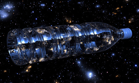 Space water bottle, cosmic background, pollution concept, advertisementの素材