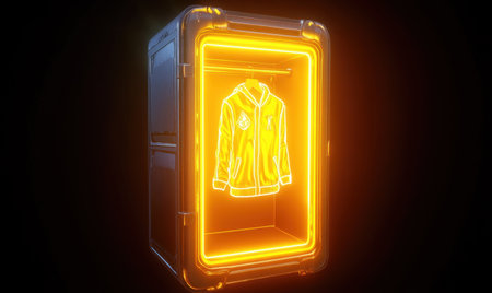 Neon-lit clothing display, futuristic wardrobe, dark background, online retailの素材