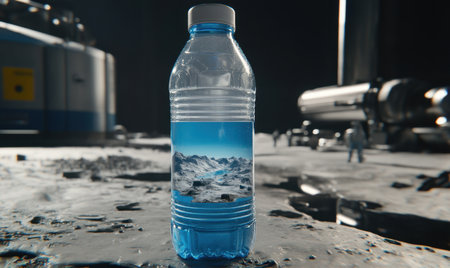 Water bottle on lunar surface, astronauts, space station background; science fiction illustrationの素材