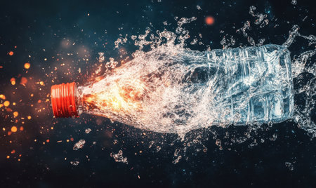 Water bottle exploding, fire and ice, dark background, environmental impact, stock photoの素材