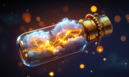 Storm in a bottle, magical, dark background, fantasy concept, advertisingの素材