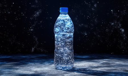 Sparkling water bottle, dark background, cosmic dust, refreshmentの素材