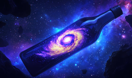 Galaxy in a bottle floats in space, cosmic background, fantasy art, science fiction conceptの素材