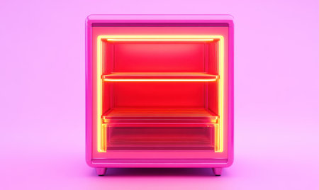 Pink mini fridge, empty shelves, neon glow, pastel background, product displayの素材