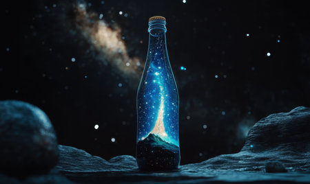 Galaxy in a bottle on alien planet; cosmic landscape background; science fiction concept artの素材