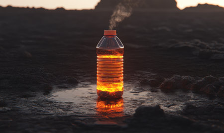 Glowing plastic bottle in volcanic landscape, sunsetの素材
