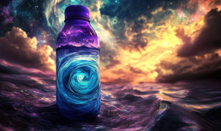 Cosmic Ocean Bottle swirling galaxy inside a bottle on a stormy sea, used for surreal art or fantasy conceptsの素材