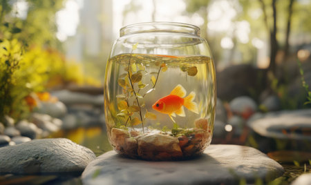 Goldfish in glass jar, garden setting, sunlit background, peaceful scene, nature stock photoの素材