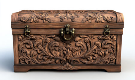 Antique carved wooden chest, ornate details, white background, storageの素材