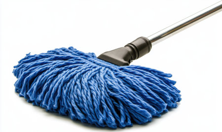 Blue mop cleaning supplies, white background, studio shot, cleaningの素材