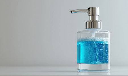 Blue soap dispenser on counter, bathroom background, hygieneの素材