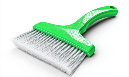 Green cleaning brush on white background, isolated studio shot, for cleaning supplies websiteの素材