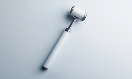 White medical reflex hammer on a light gray background.  Use medical illustrationの素材
