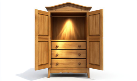 Open wooden wardrobe, glowing interior, white background; home storage, fantasyの素材