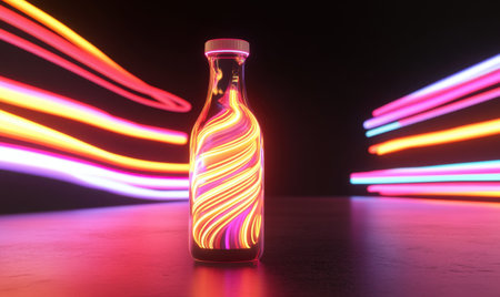 Neon light swirls inside glass bottle on dark surfaceの素材