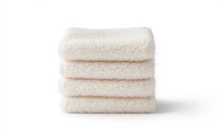 Stack of cream-colored towels, isolated, white background, soft texture, for bathroom or spa useの素材