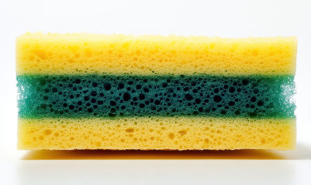 Yellow and teal cleaning sponge cross-section, white background, cleaning suppliesの素材