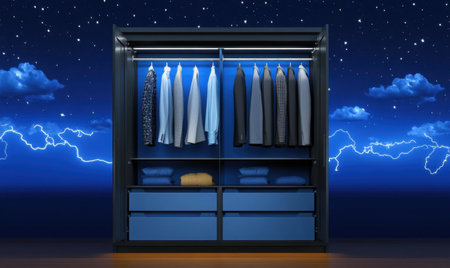 Stylish clothes in modern wardrobe, stormy night backdrop; home organization, interior designの素材