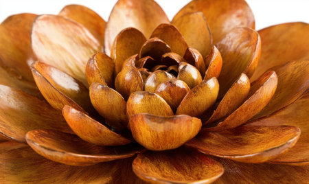Close-up of carved wooden flower; detail, texture; white background; home decorの素材