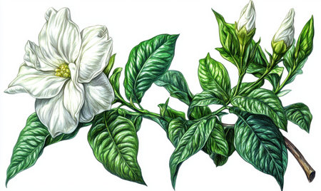 Gardenia branch with blossoms and buds, isolated on white; botanical illustration for designの素材
