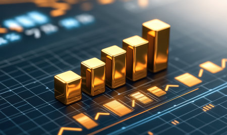 Golden bar graph shows growth, global market background.  Financial success concept imageの素材