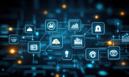 Digital network, data flow, global connections, technology, background blur, website bannerの素材