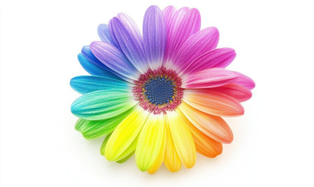 Rainbow daisy flower on white background; vibrant colors, spring, nature, designの素材