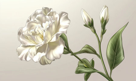 White flower bloom, stem, buds, leaves, soft background, botanical illustration, nature, designの素材